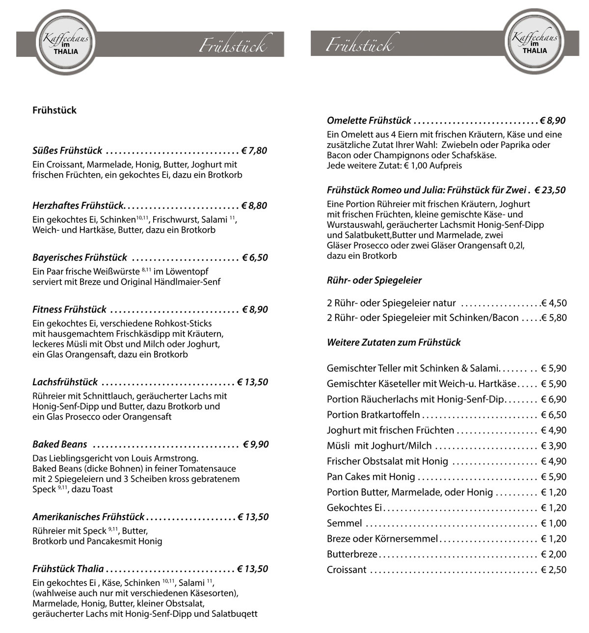 Frühstückskarte im Kaffeehaus im Thalia